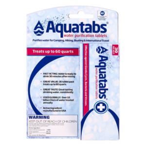 Aquatabs 30-tablet water treatment pack used for outdoor travel and emergency situations