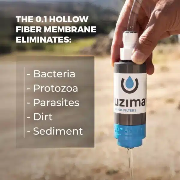 Hand holding an Uzima water filter; overlay lists contaminants eliminated: bacteria, protozoa, parasites, dirt, sediment.
