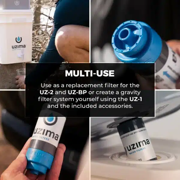 Collage of Uzima water filters and accessories; 'Multi-use' text explains replacement for UZ-2/UZ-BP or gravity setup with UZ-1.