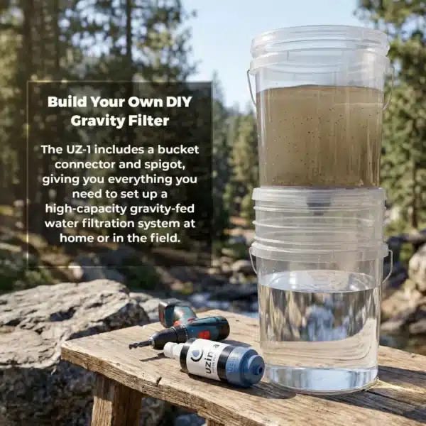 Outdoor DIY gravity water filter setup with stacked jars, a filter cartridge, and tools on a wooden bench in a forest setting.
