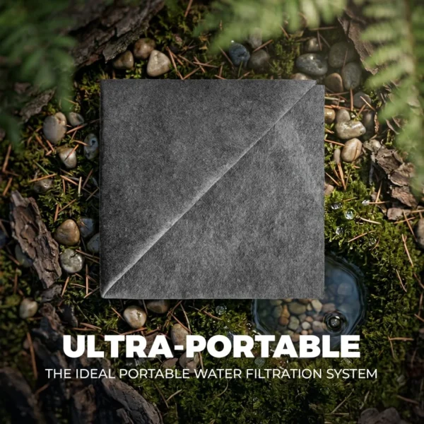 DLTF_Info2_July2026webp - Business Connect World Ultra-portable water filtration system in a dark gray square case resting on a mossy forest floor with stones nearby.