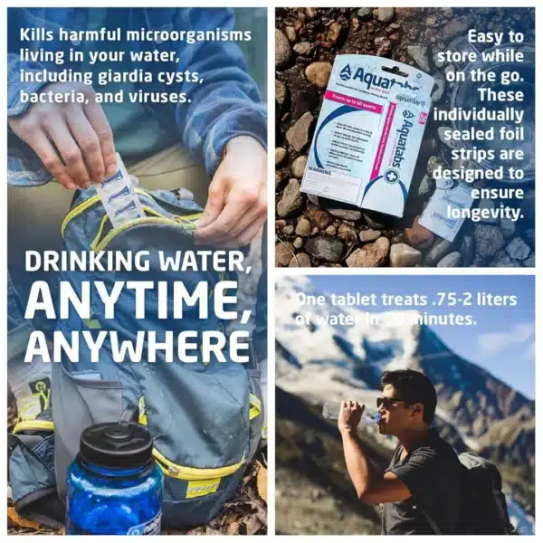 TAB30_Info1_June2026_WEBPwebp - Business Connect World Outdoor hydration ad: three-panel collage promoting water purification for hikers; left panel shows a backpack and hands packing, with 'Drinking water, ANYTIME, ANYWHERE' text. Right panels feature Aquatabs packaging on rocks with slogans about portability and longevity, and a hiker drinking from a bottle against mountains.