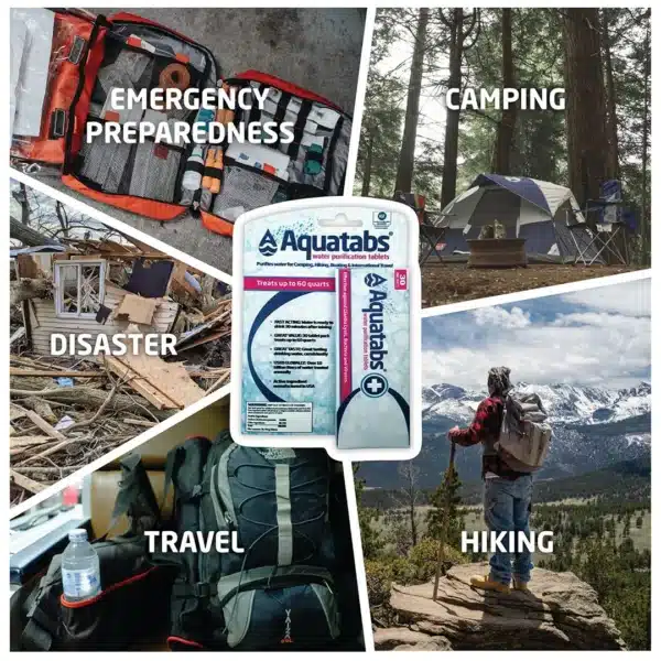 TAB30_Info4_June2026_WEBPwebp - Business Connect World Centered Aquatabs water purification tablet package with a collage showing emergency preparedness, camping, disaster, travel, and hiking themes in outdoor scenes.