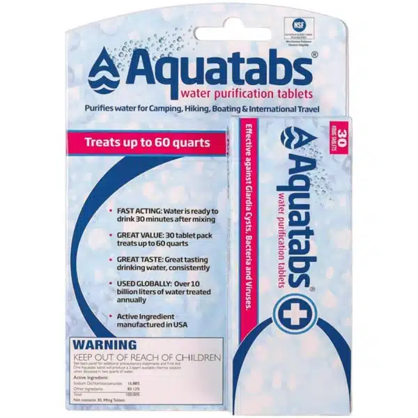 Aquatabs water purification tablets package: blue-and-white box with 'Treats up to 60 quarts' text and a 30-tablet blister pack