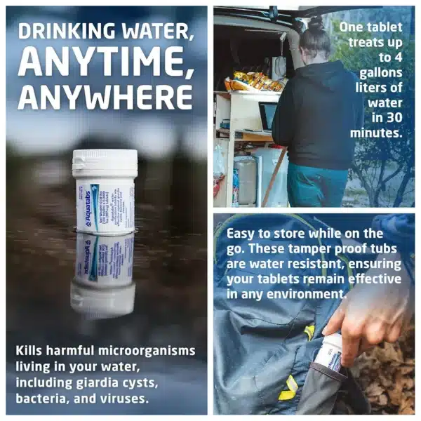Three-panel ad for water purification tablets: left panel shows a bottle with bold 'Drinking water, anytime, anywhere' and a container bobbing on water; top-right panel depicts someone loading a kit with text 'One tablet treats up to 4 gallons of water in 30 minutes'; bottom-right panel shows a hand placing a tablet into a water‑resistant, tamper‑proof tub with text about easy storage and effectiveness.