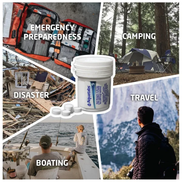 Collage showing Aquatabs water purification tablets for emergency preparedness, camping, travel, boating, and disaster readiness.