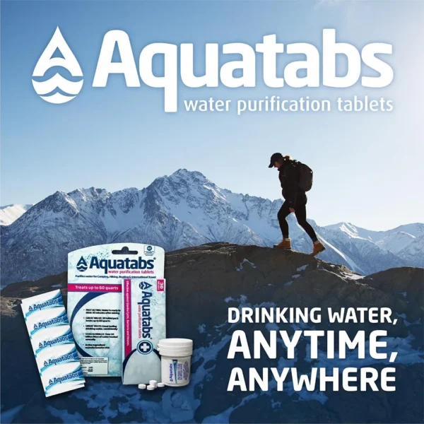 Brand logo and tag line 'Aquatabs water purification tablets' over a snowy mountain landscape with a hiker on a rocky summit; product lineup in the foreground.