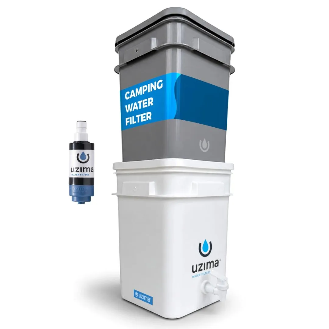 Portable camping water filter system with a gray top, white lower reservoir, and Uzima branding.